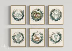 four framed pictures with animals and plants on them