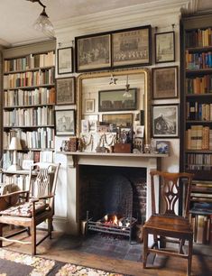 a living room filled with furniture and a fire place next to a bookshelf