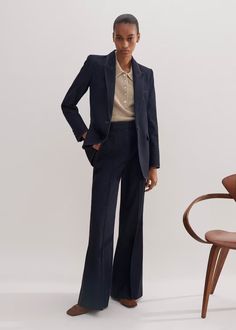 Cotton-Blend Denim Kick Flare Pant Indigo Straight Fit Jeans For Work, Fitted Straight Jeans For Work, Elegant Relaxed Fit Jeans With Pockets, Fitted Tapered Leg Jeans For Work, Fitted Tapered Leg Work Jeans, Elegant Denim Blue Bottoms With Pockets, Elegant Denim Blazer For Work, Denim Blue Notch Lapel Blazer For Work, Notch Lapel Denim Blue Blazer For Work