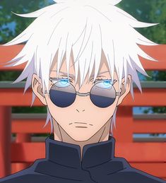 an anime character with white hair and blue eyes, wearing black sunglasses in front of a red fence