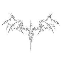 a drawing of a dragon's wings and cross tattoo design on a white background