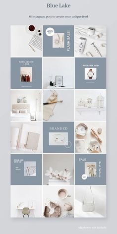 a white and blue brochure with various items on it's side, including a