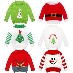 four knitted christmas sweaters are shown in three different colors