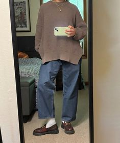 #outfit #fit #fallfit #loafers #ootd #falloutfitideas #sweater #autumncolors Sweater Loafers Outfit, Winter Midsize Fashion, Outfits With Dr Martens Loafers, Doc Martin Loafers Outfit, Work Loafers Women Outfit, Adrian Loafers Women Outfit, Winter Loafers Outfit, Thrifted Loafers, Loafers Work Outfit