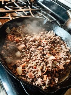 the food is being cooked in the skillet on the stove top, ready to be eaten