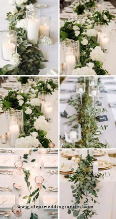 the table is set with candles, flowers and greenery