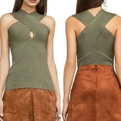 Nwt $ 158.00 Gorgeous! Bcbgmaxazria Bryna Crisscross Rib-Knit Top S.Dusty Olive Color. Very Nice To Wear Out Or Casual, Very Stretchy. 86% Rayon, 13% Nylon, 1% Spandex, Hand Wash Cold Rib Knit Fabric, Criss-Cross Neckline. V-Neck Short Sleeve Elegant Bandage-style Tops For Spring, Elegant Bandage Tops For Spring, Elegant Spring Bandage Tops, Elegant Fitted Crisscross Top, Leather Tank Top, Green Cami, Lace Halter Top, Chiffon Tank Tops, Small Tank Tops