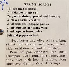 the recipe for shrimp scamp is written in blue ink on a white piece of paper