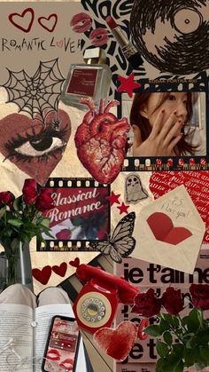 collage of images with roses, lipstick, and other things in them on display