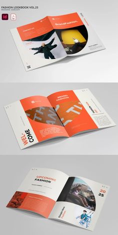 an orange and white brochure is shown in three different positions, including the front cover