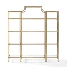 a gold bookcase with glass shelves on the top and bottom, against a white background