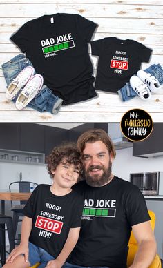 Funny daddy and me shirts for the whole family to enjoy! Matching shirt sets for dad, baby, son, daughter, kid, brother, sister. Family outfit for fathers and children - Dad jokes, puns and bad humor guaranteed! #daddyandme #dadandme #dadandbaby #fatherhood #dadshirts #dadfashion #dadhumor #dadjokes #puns Fun Black Tops For Father's Day, Fun Black Shirt With Slogan, Funny Tops With Text For Parenting, Funny Parenting Tops With Text, Funny Parenting Top With Text, Funny Text Tops For Parenting, Funny Matching Shirts, Bad Humor, Dad Fashion