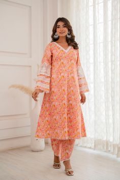 Pure cotton printed kurta set.  Length : Kurta: 46 inches Pant : 39 inches Floral Print Straight Kurta Pant Set For Eid, Anarkali Pant Set With Straight Kurta And Printed Motifs, Anarkali Pant Set With Printed Motifs And Straight Kurta, Anarkali Pant Set With Printed Motifs, Floral Print Mulmul Sets With Straight Kurta, Straight Kurta Pant Set With Printed Motifs For Navratri, Floral Print Mulmul Palazzo Set With Straight Kurta, Unstitched Floral Cotton Anarkali Set, Eid Festival Printed Palazzo Set With Straight Kurta