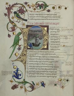 an open book with decorative designs and birds on the page, in which there is a painting