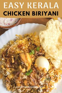 an easy kerala chicken biriyani recipe on a white plate