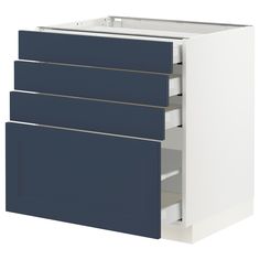 a white and blue kitchen cabinet with drawers