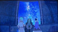 two anime characters looking at the stars in the sky from an open window with a telescope