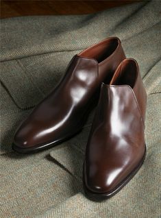 The Kempton Slip-on in Brown Calfskin - The Ben Silver Collection Classic Formal Chukka Boots For Fall, Classic Brown Slip-on Chelsea Boots, Classic Slip-on Boots With Rubber Sole, Brown Slip-on Chelsea Boots Classic Style, Elegant Chelsea Boots With Leather Sole For Work, Brown Slip-on Formal Boots, Formal Slip-on Boots With Leather Sole, Elegant Goodyear Welted Chelsea Boots For Business, Luxury Goodyear Welted Chelsea Boots For Work