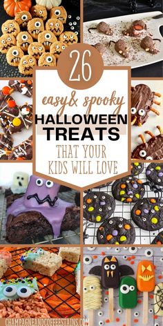 collage of different halloween treats for kids Halloween Cookie Recipes Easy, Halloween Treats For Teachers, Easy Kid Recipes, Easy Halloween Treats For Kids, Treats For Teachers, Easy Halloween Cookies Recipes, Spooky Cupcakes, Halloween Treat Ideas, Easy Halloween Treats