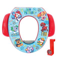 a toy toilet with paw patrol stickers on it