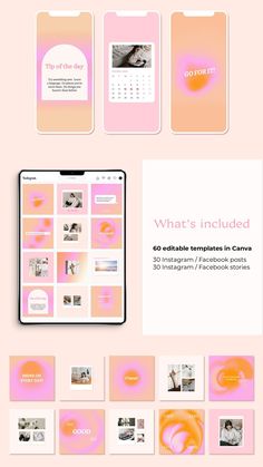 the pink and orange wallpaper is shown with photos on it, including an iphone