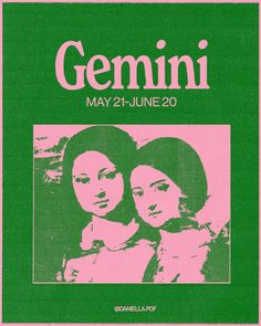 a green and pink poster with two women