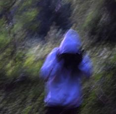 a blurry image of a person walking in the woods with a hood up on