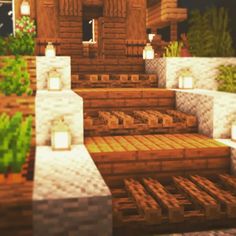 a set of stairs made out of wood and bricks in a minecraft style setting