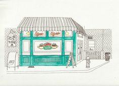 a drawing of a green store front with awnings