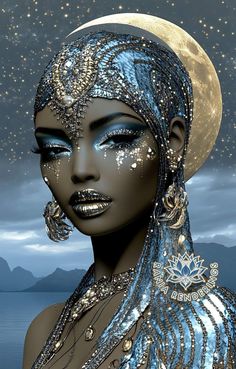 a digital painting of a woman with blue and silver makeup, headdress and jewelry