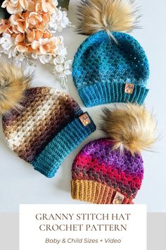 three crochet hats with pom - poms on top and the words granny stitch