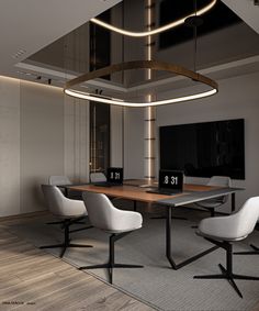 a dining room table with four chairs and a clock on the wall in front of it