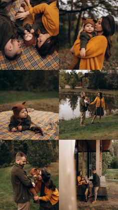 a collage of photos showing people having fun at the park and playing with each other