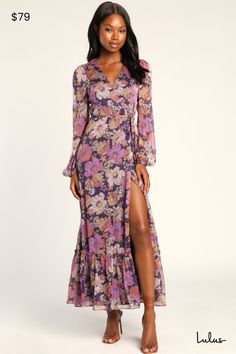 Get ready for all of the compliments headed your way when you're wearing the Lulus Feeling Sweet Purple Floral Print Long Sleeve Wrap Maxi Dress! Lightweight woven chiffon, decorated with a multicolored floral print, shapes this darling dress that has a princess-seamed bodice, a surplice neckline. and sheer long balloon sleeves (with elastic at the cuffs). A wrapping waist secures with a set of ties that tops an overlapping maxi skirt that ends at a drop seam tier with ruffle trim. Fit: This gar Purple Wedding Guest Dresses, Floral Dress Outfits, Dresses For Weddings, Floral Wrap Maxi Dress, Purple Floral Print, Lulu Fashion, Wrap Maxi Dress, Floral Dresses Long, Dresses Xxl