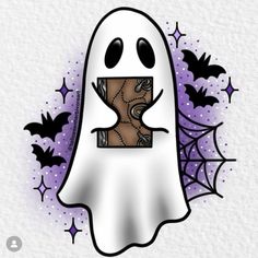 a white ghost with a brown face and black eyes