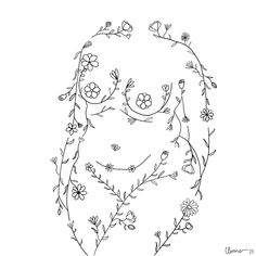 a drawing of a woman's face with flowers and vines