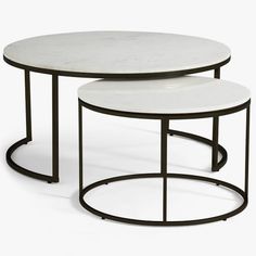 two tables with white marble top and black metal bases