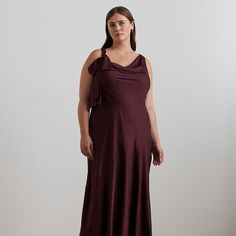 Distinguished by a cowlneck design and a bow at the right strap this romantic floor-length gown is realized in featherweight satin charmeuse for a glossy sheen and an airy feel. Sweatpants And Sweater, Guest Attire, Floor Length Gown, Ralph Lauren Home, Luxury Accessories, Vest Dress, Sport Coat, Sale Design, Floor Length