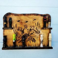 a wooden shelf with various items on it