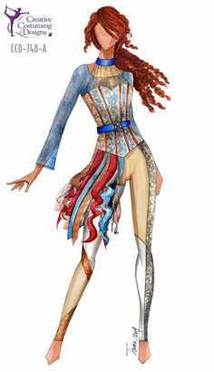 a drawing of a woman with long red hair and blue dress, standing on one leg