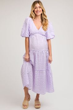 Lavender Gingham Puff Sleeve Maternity Tiered Midi Dress – PinkBlush Gingham Short Sleeve Midi Dress For Picnic, Short Sleeve Gingham Midi Dress For Picnic, Picnic Gingham Midi Dress With Short Sleeves, Gingham Short Sleeve Midi Dress For Brunch, Gingham Short Sleeve Dresses For Brunch, Short Sleeve Gingham Midi Dress For Brunch, Gingham Midi Dress With Short Sleeves For Brunch, Baby Bump Style, Maternity Midi Dress