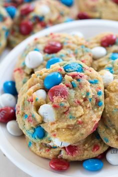 m and m cookies on a plate with red white and blue candies