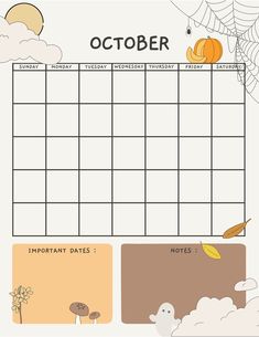 a printable october calendar with pumpkins, bats and spider web on the page