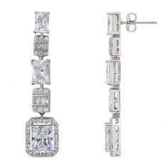 Step into a world of glamour with the Crawford Drop Earrings in Silver White. Exquisitely fashioned  and resplendent with dazzling simulated diamonds, these earrings exude an Art Deco charm that’s both vintage and timeless.  The elegant drop design features five rectangular settings. Each setting is graced with a unique arrangement of gemstones, crowned by a single radiant simulated diamond at the bottom, encircled by a stunning array of baguette-cut stones.   These earrings are designed for bot Luxury Crystal Chandelier Earrings For Formal Occasions, Luxury Sterling Silver Linear Earrings For Party, Luxury Cubic Zirconia Bridal Earrings For Pierced Ears, Luxury Silver Linear Earrings For Formal Occasions, Luxury Silver Linear Drop Earrings, Luxury Sterling Silver Linear Earrings For Evening, Glamorous Silver Bridal Earrings With Brilliant Cut, Luxury Crystal Earrings With Diamond Accents, Luxury Bridal Drop Earrings With Sparkling Stones