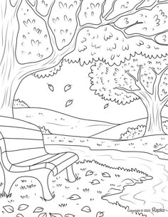 a bench in the park with trees and leaves on it coloring page for adults, kids