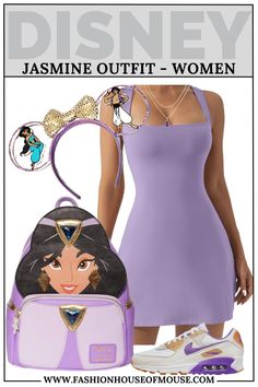 a woman in purple dress and white shoes with disney character handbags on her shoulder