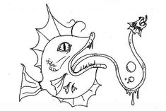 a black and white drawing of a dragon with its mouth open next to another dragon