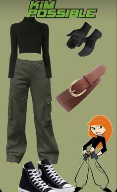 a woman in black shirt and green pants standing next to an orange haired girl with red hair