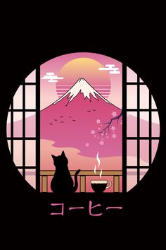 a cat sitting on a window sill looking out at the mountain and coffee cup