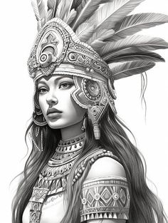 a drawing of a native american woman with feathers on her head